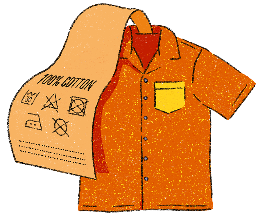 The image shows an orange t-shirt with a yellow pocket. The washing label instructions are coming out of the t-shirt to emphasise how important it is to care for your clothes properly.