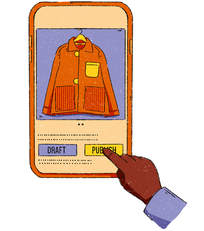 The image shows a picture of an orange jacket being uploaded onto a resell site. There are two buttons underneath which say Draft and Publish and a finger is hovering over the button Publish.