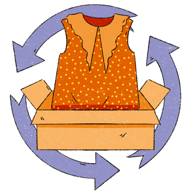 Th image shows an orange polkadot sleeveless top being opened out of a box. There are three purple arrows in a circle behind it showing how we can keep out clothes in a full circle chain of use.