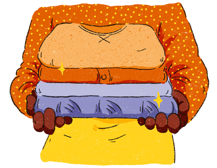 The image shows someone carrying four neatly folded and ironed tops. There are sparkle marks next to them. The person is wearing bright yellow trousers and an orange long sleeved polka dot top.