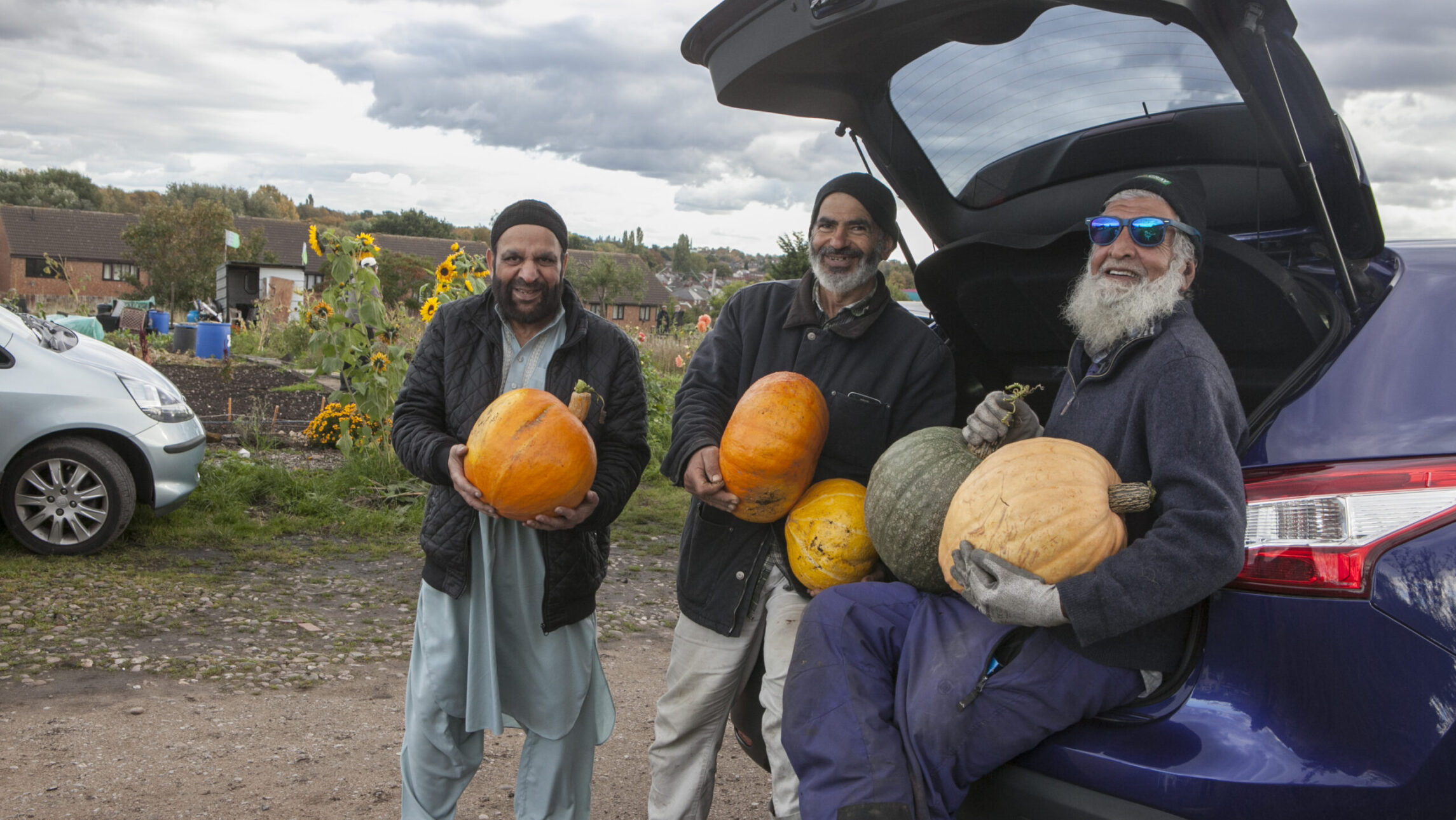 In the image we see three people carrying large pumpkins and smiling at the camera. They are in an allotment and there are tall sunflowers in the background. The three figures are sat next to a dark blue car and the boot is open. The figure on the right wears amazing blue sunglasses.