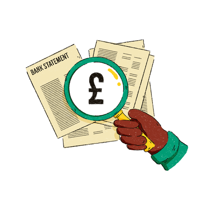 The image shows a magnifying glass with a pound coin in the centre of it. Underneath the magnifying glass is a stack of papers including a bank statement.
