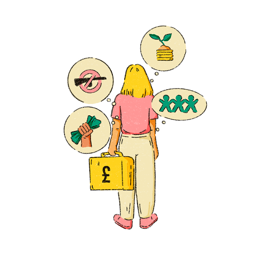 The image shows a person with cream trousers and a pink t-shirt. They are standing with their back to the viewer and they hold a yellow briefcase with a pound sign on it. There are four thought bubbles around the person which include images of people, community and a sign showing no sale of arms.
