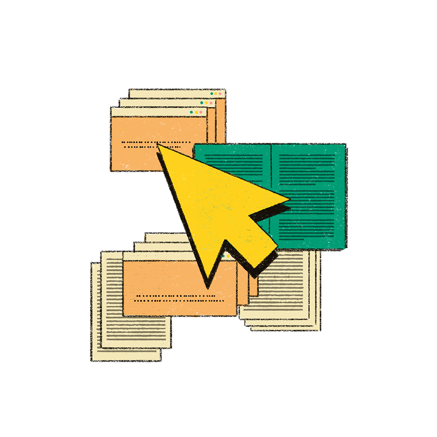 The image shows different computer tabs open with a bright yellow arrow to represent someone researching through different information.