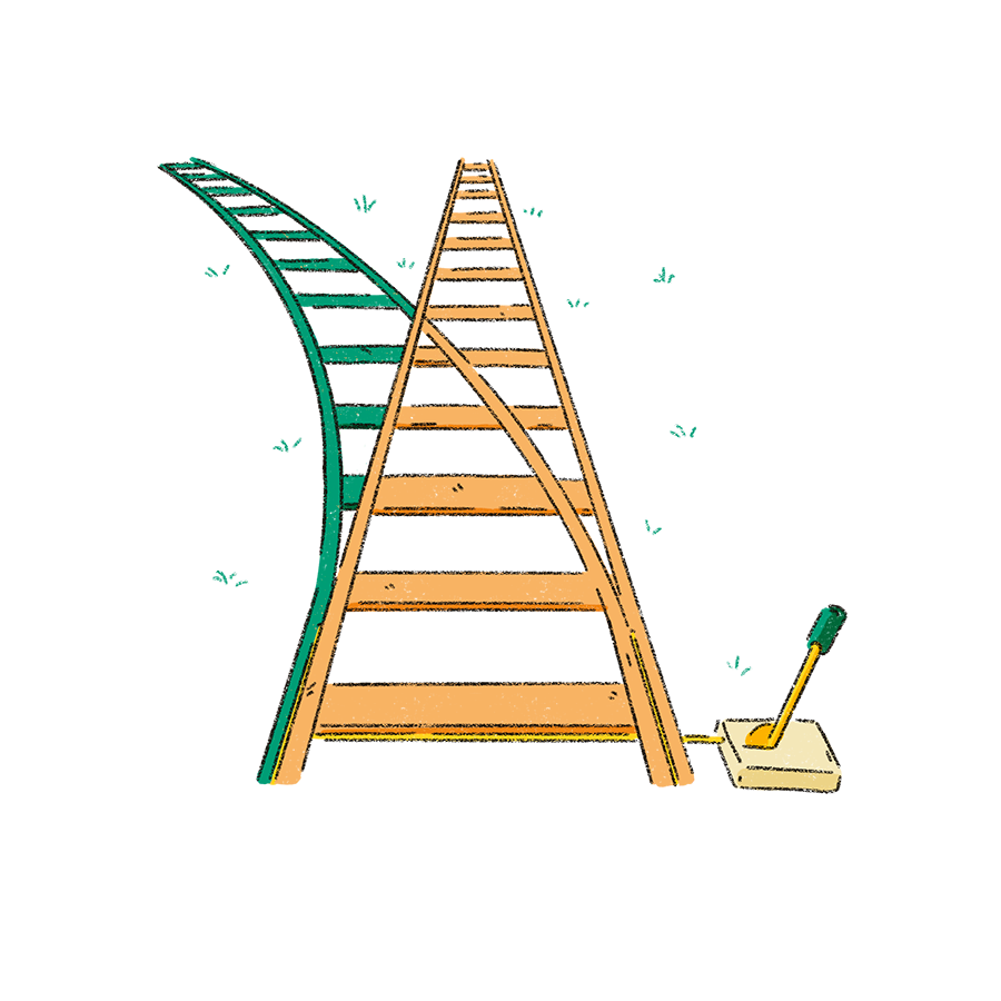 The image shows two train tracks going in different directions. The track on the right is orange and the track on the left is green.