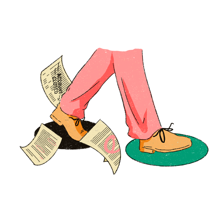 The image shows someone walking over two spots. The person wears pink trousers and there are papers falling to the floor.