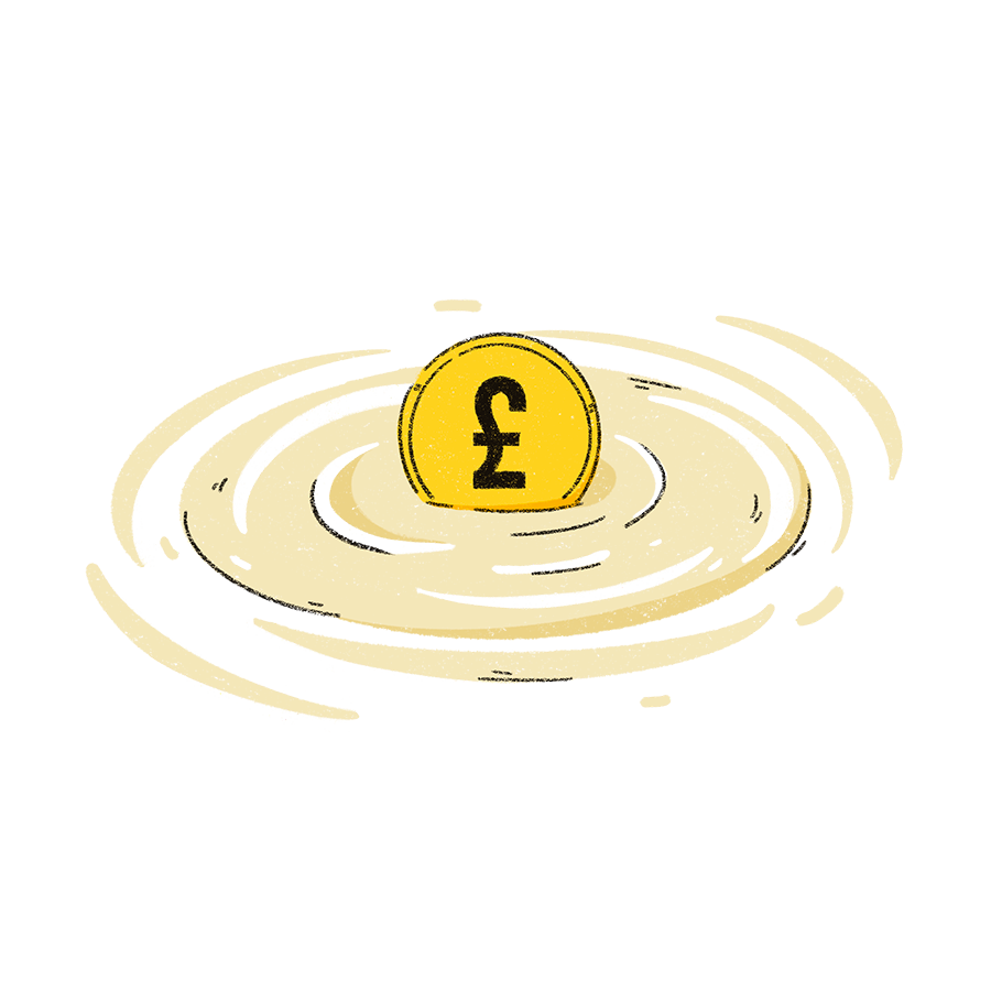 The image shows a yellow pound coin in water with ripples spreading around it.