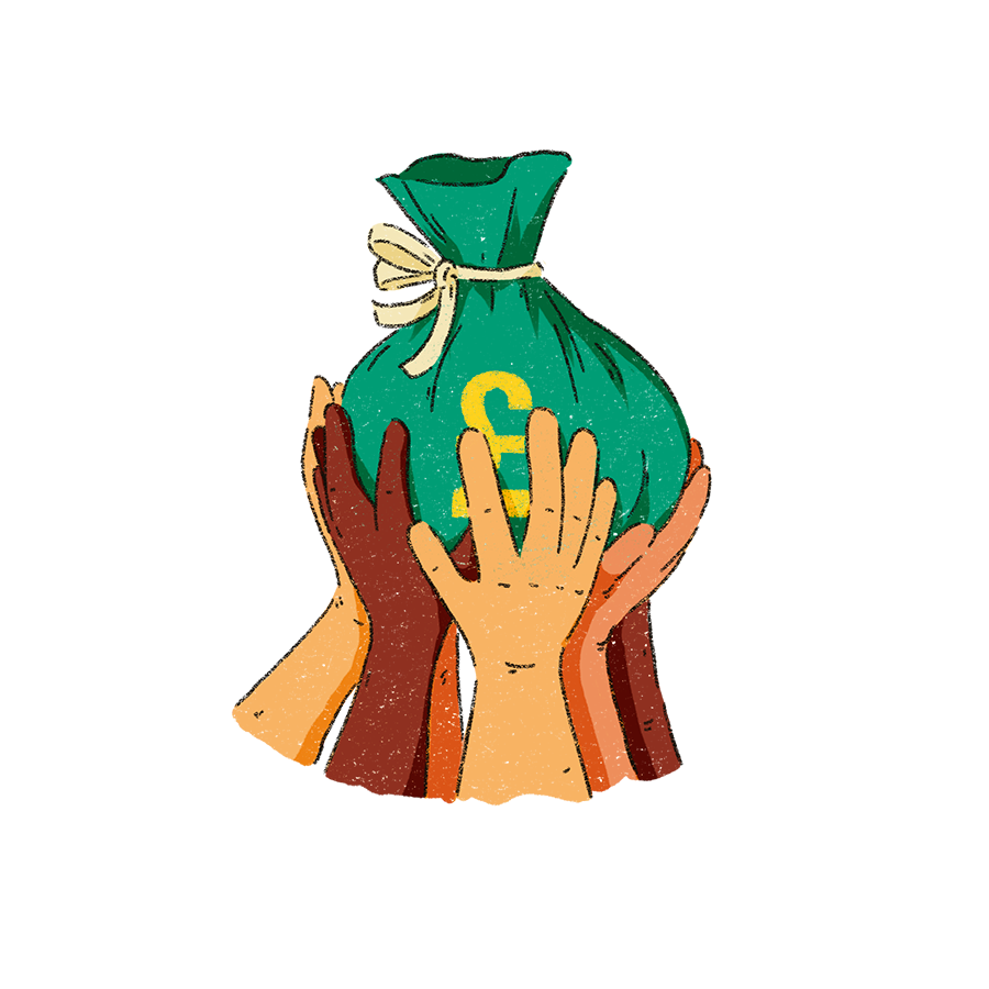 The image shows a green money bag with lots of different hands holding it up.