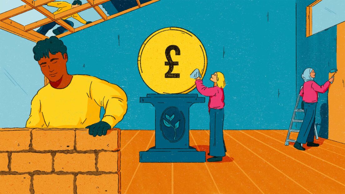The image shows a building site. In the picture there is a person on the right hand side painting. At the front on the left is a person in a yellow jumper laying bricks and in the middle is a picture of a person with blue jeans and a pink jumper placing a yellow pound coin on a dark blue podium.