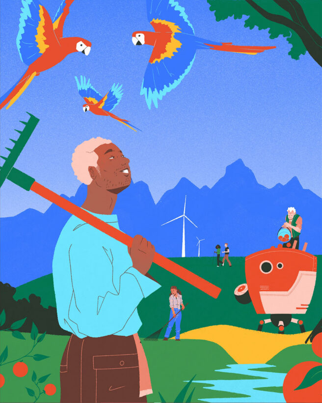 In the image there is a scene in nature where the illustrator has imagined what a world with land reparations might provide. On the left is a person with a blue top and brown trousers. They are holding a rake and are looking upwards at two parrots flying overhead. Elsewhere in the scene, there are two hikers and some wind turbines. There is also a robot-like tractor machine helping to farm the land in a sustainable and more effective way.