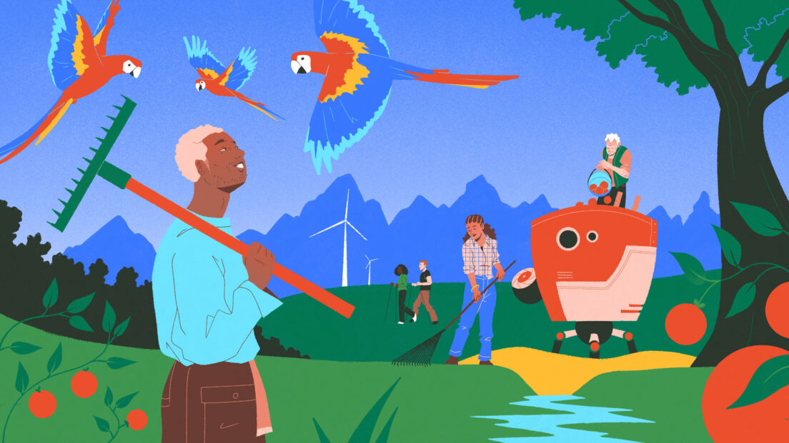 In the image there is a scene in nature where the illustrator has imagined what a world with land reparations might provide. On the left is a person with a blue top and brown trousers. They are holding a rake and are looking upwards at two parrots flying overhead. Elsewhere in the scene, there are two hikers and some wind turbines. There is also a robot-like tractor machine helping to farm the land in a sustainable and more effective way.