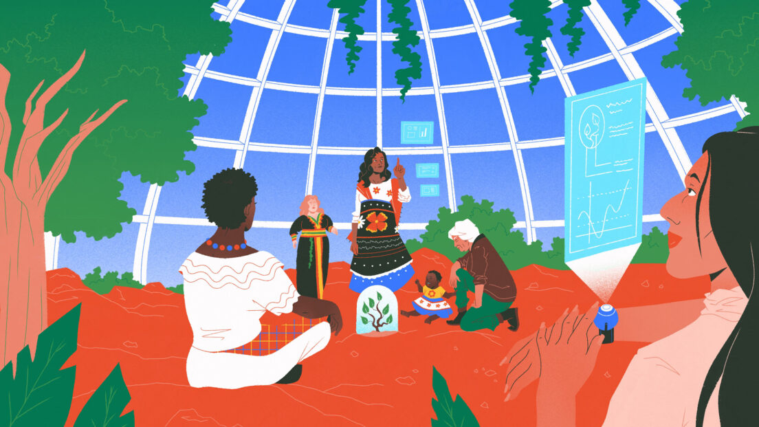 The image shows a group of women sat on a red floor. They are in a blue globe like structure. The women are of all different ages and represent different Indigenous communities. They are taking care of a specific plant, showcasing both their attachment to the land and the sharing of knowledge across generations and groups.