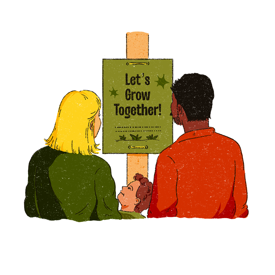 In the image are two adults and a child looking at a placard which reads Let's Grow Together. The figure on the right wears a long sleeved red shirt and the person on the left wears a long sleeve green shirt.