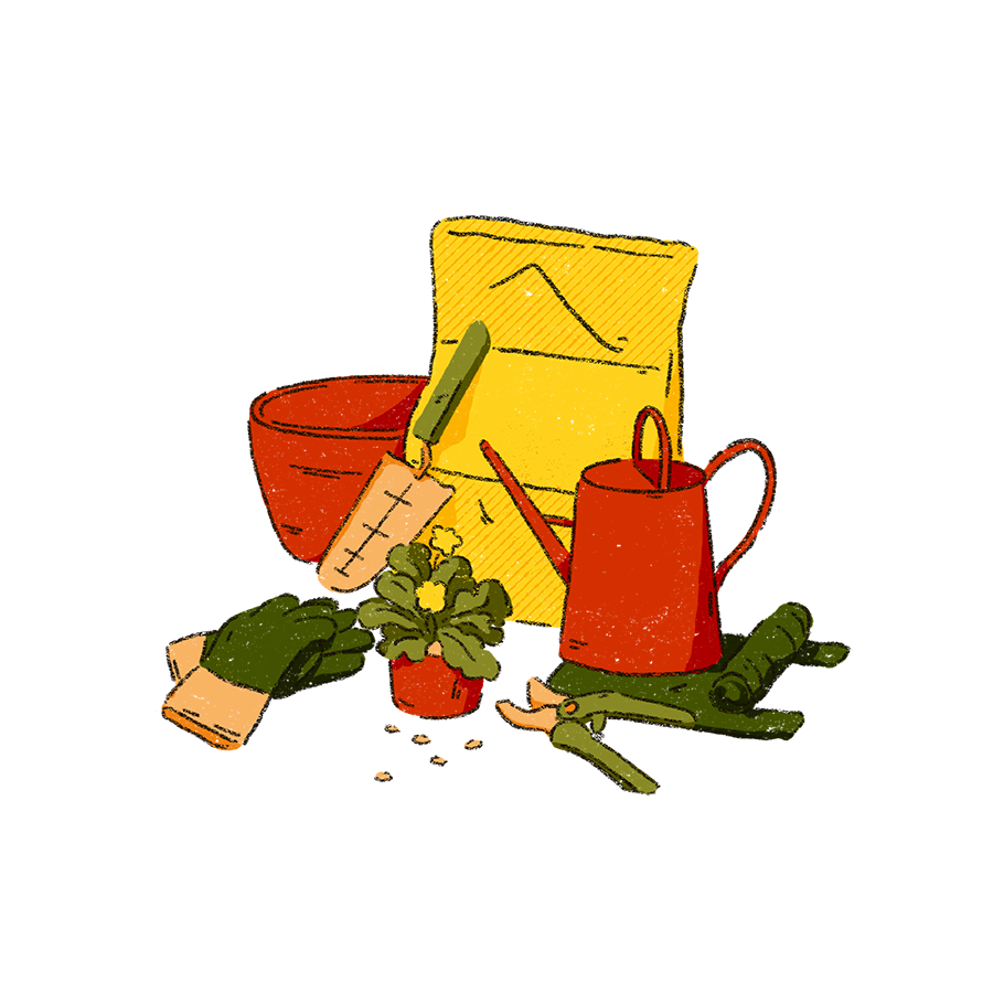 In the image there is a yellow paper bag with gardening tools next to tit. There is a spade, gardening gloves and a red watering can.