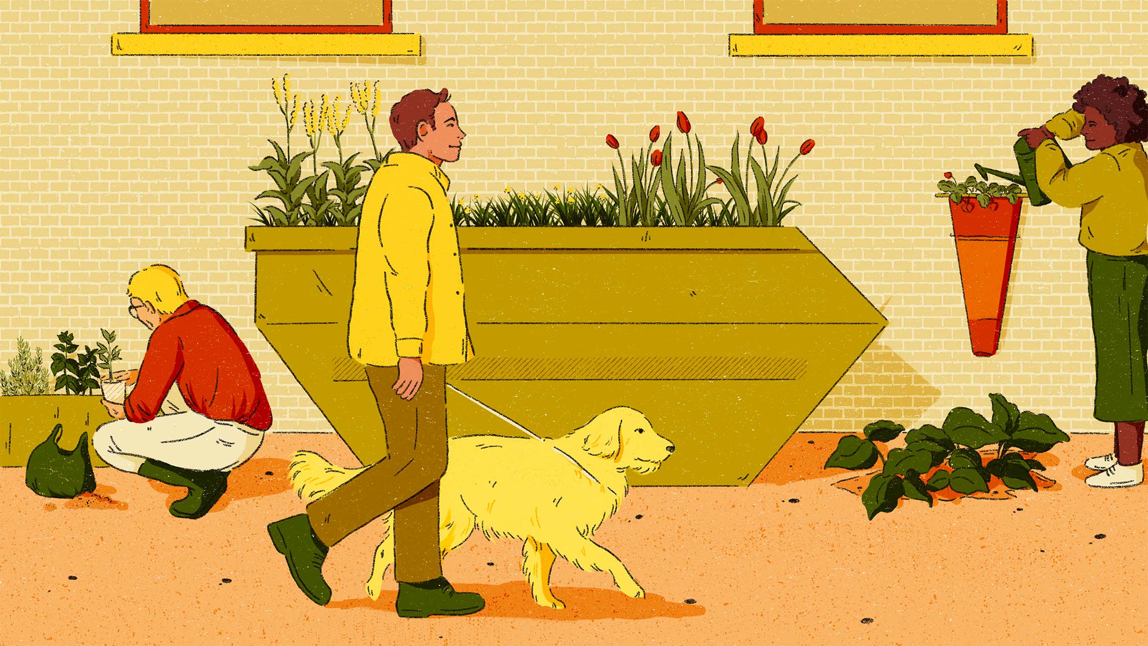 The image shows a big yellow skip which has been turned into a flower bed. There are lots of plants and flowers poking out the top. Next to the skip are two people tending to plants and in the foreground there is a person walking past with a yellow dog.