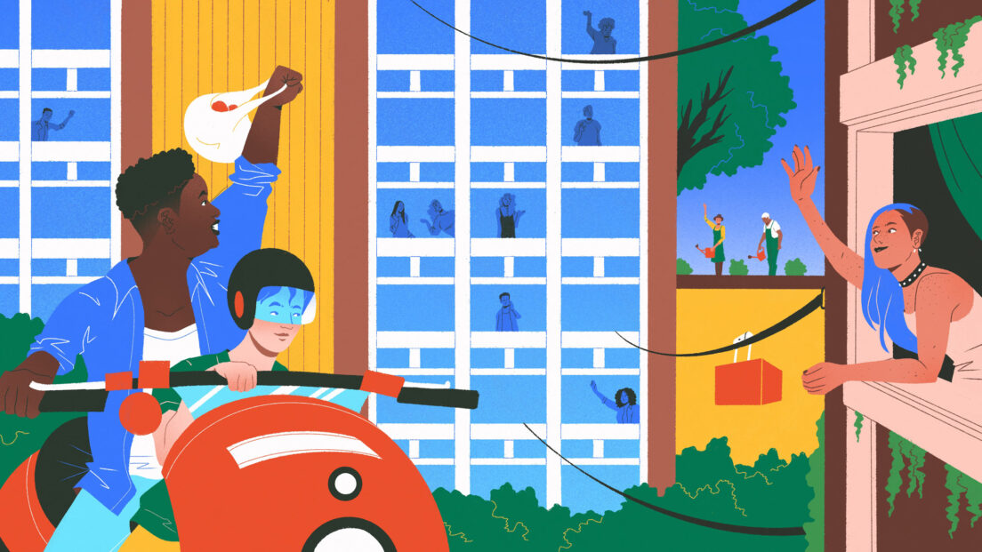 In the image there is a city scene with flats in the background. On the left are two people riding a red motorcycle. The person on the back is carrying groceries and waving to another inhabitant on the right hand side of the image. There are cables going from the buildings to show the nature of shared community.