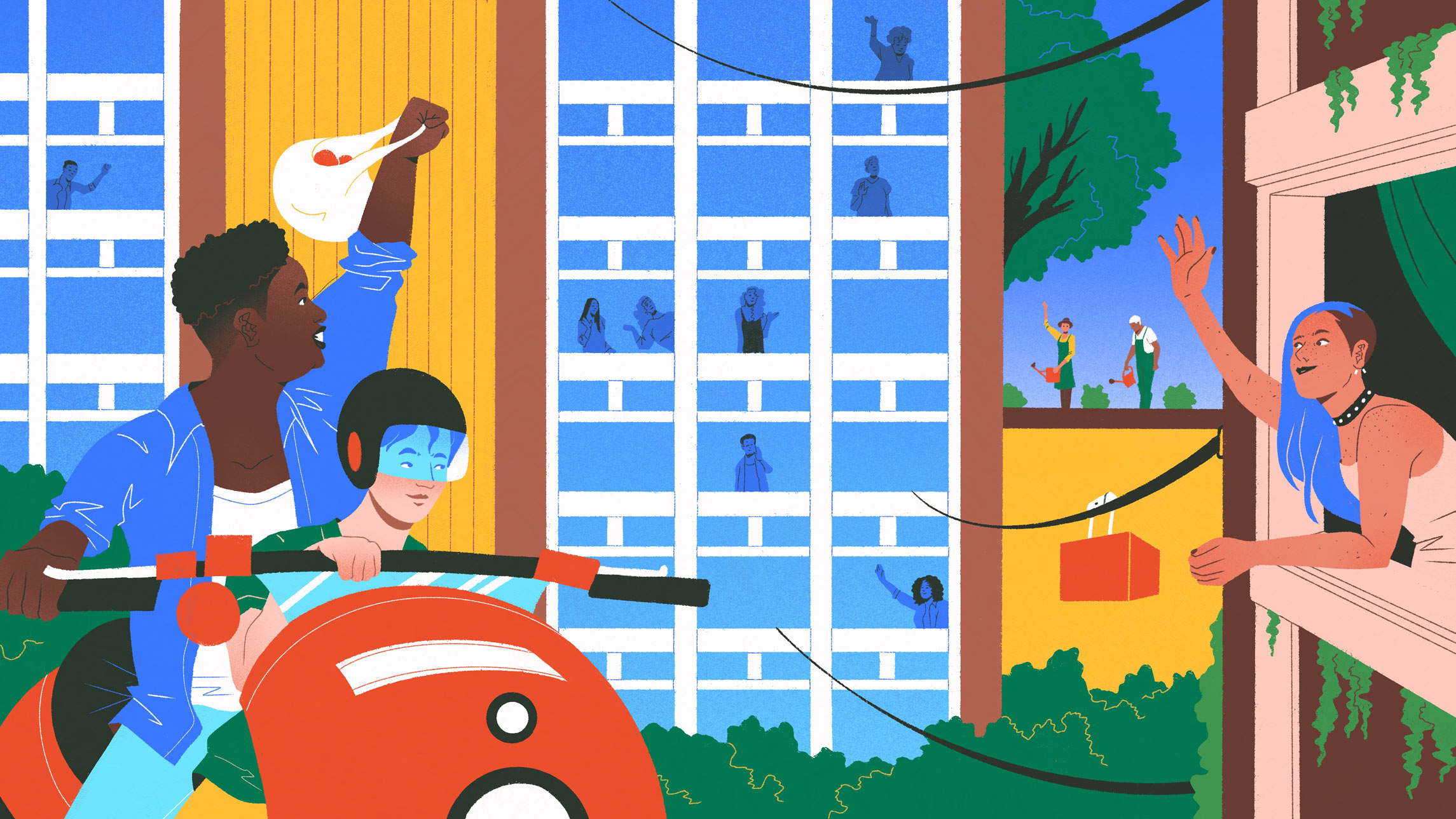 In the image there is a city scene with flats in the background. On the left are two people riding a red motorcycle. The person on the back is carrying groceries and waving to another inhabitant on the right hand side of the image. There are cables going from the buildings to show the nature of shared community.