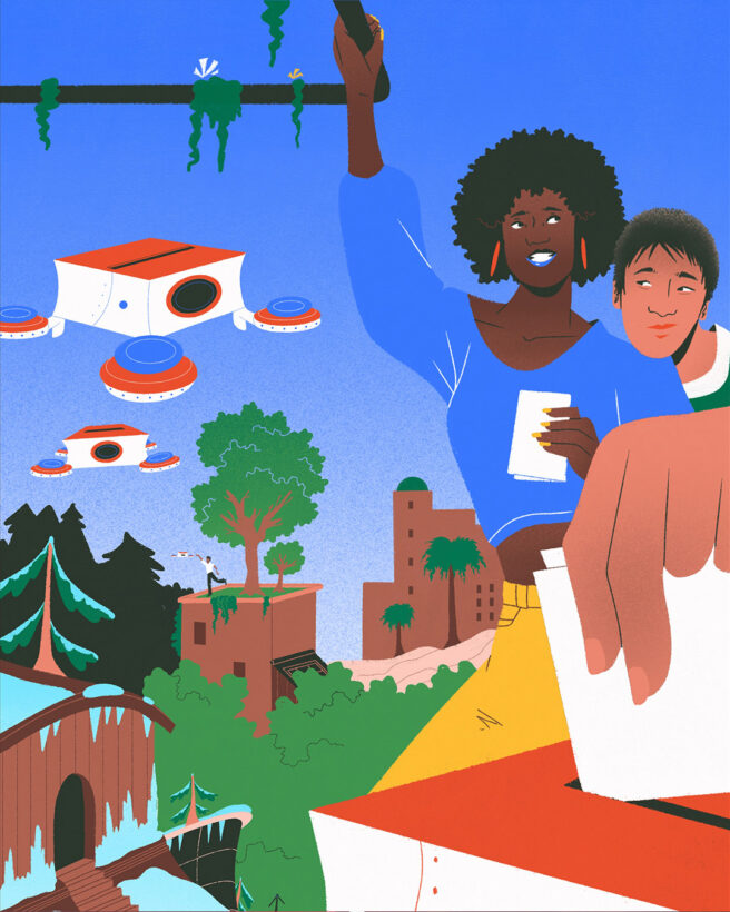 The image illustrates Mohammed's vision for a world with one nation. In the image small drones are dispatched, carrying democratic votes across three different biomes, showing how easily we would move from one region to another without borders. There are two people on the right hand side posting their votes and smiling. In the image there are three different biomes moving from an arctic biome on the left to a temperate biome in the middle and a desert biome on the right.