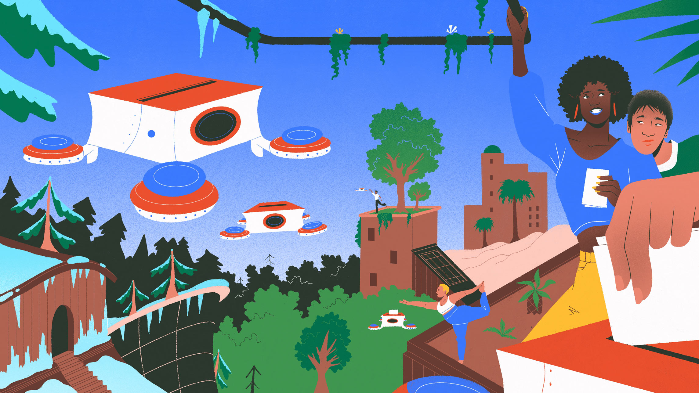 The image illustrates Mohammed's vision for a world with one nation. In the image small drones are dispatched, carrying democratic votes across three different biomes, showing how easily we would move from one region to another without borders. There are two people on the right hand side posting their votes and smiling. In the image there are three different biomes moving from an arctic biome on the left to a temperate biome in the middle and a desert biome on the right.