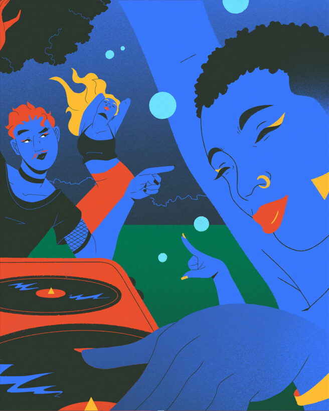 People are dancing outside, and a woman in the foreground is mixing music. The party is very inspired by queer nightlife culture.