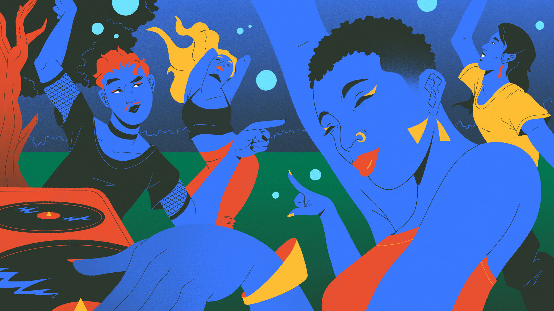 People are dancing outside, and a woman in the foreground is mixing music. The party is very inspired by queer nightlife culture.