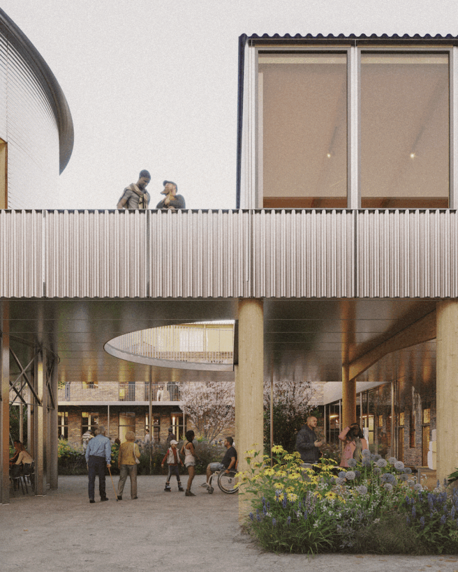the image shows a community space - there is a bridge/walkway with two people standing on it and below there is a open air walkway path with lots of green plants and people walking unedrneath