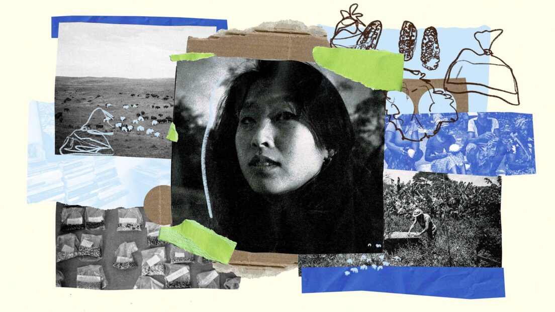 The image shows a picture of HyoJin in the centre with collages of other images around including hand drawn illustrations