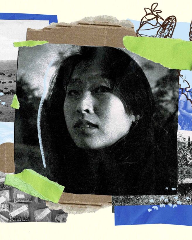 The image shows a picture of HyoJin in the centre with collages of other images around including hand drawn illustrations