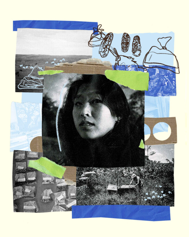 The image shows a picture of HyoJin in the centre with collages of other images around including hand drawn illustrations
