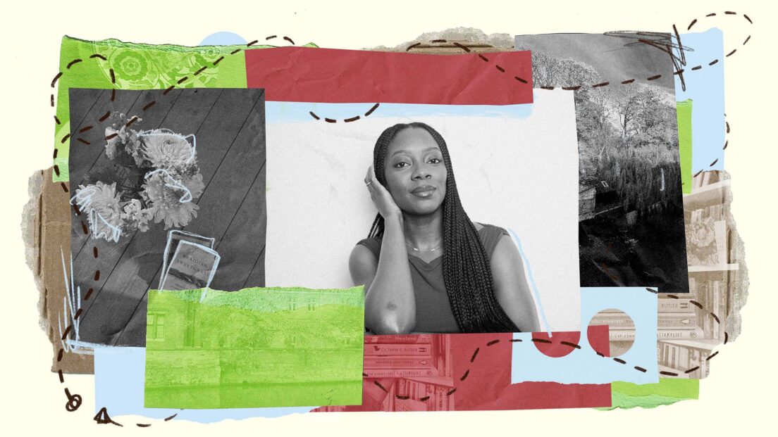 The image shows a collage with a scrapbook effect. There is a headshot of Joycelyn in the middle and overlaid drawings and sticky tape around it.