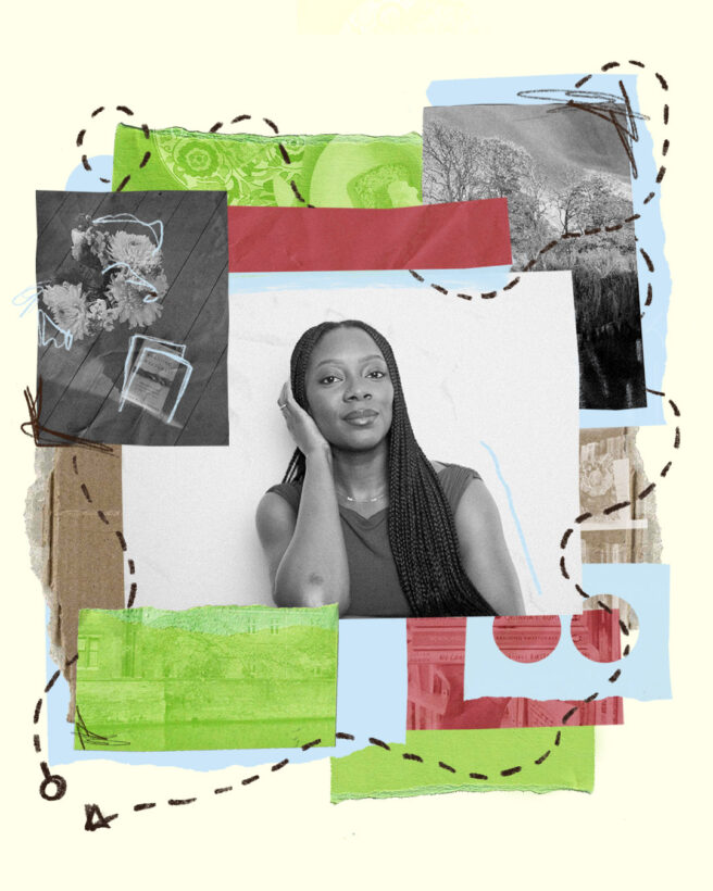 The image shows a collage with a scrapbook effect. There is a headshot of Joycelyn in the middle and overlaid drawings and sticky tape around it.