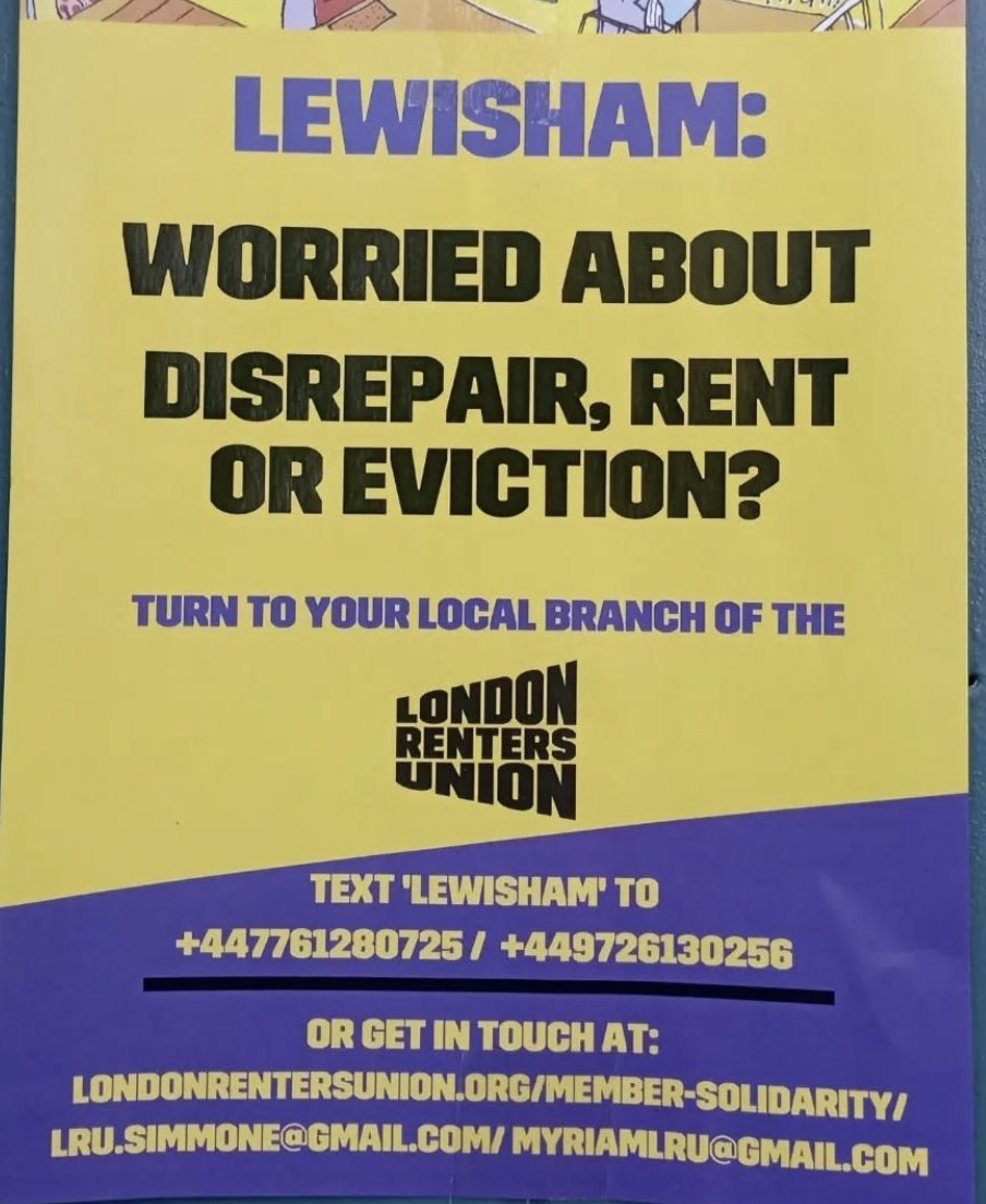 The image shows a bright yellow and purple information leaflet.