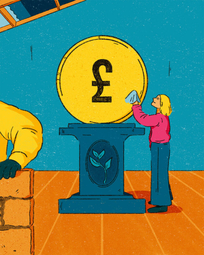 The image shows a building site. In the picture there is a person on the right hand side painting. At the front on the left is a person in a yellow jumper laying bricks and in the middle is a picture of a person with blue jeans and a pink jumper placing a yellow pound coin on a dark blue podium.