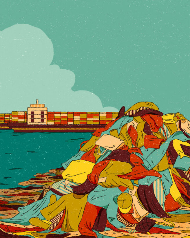 The image shows a landfill site with a large mound of clothing piled up. There is a cargo ship in the background.