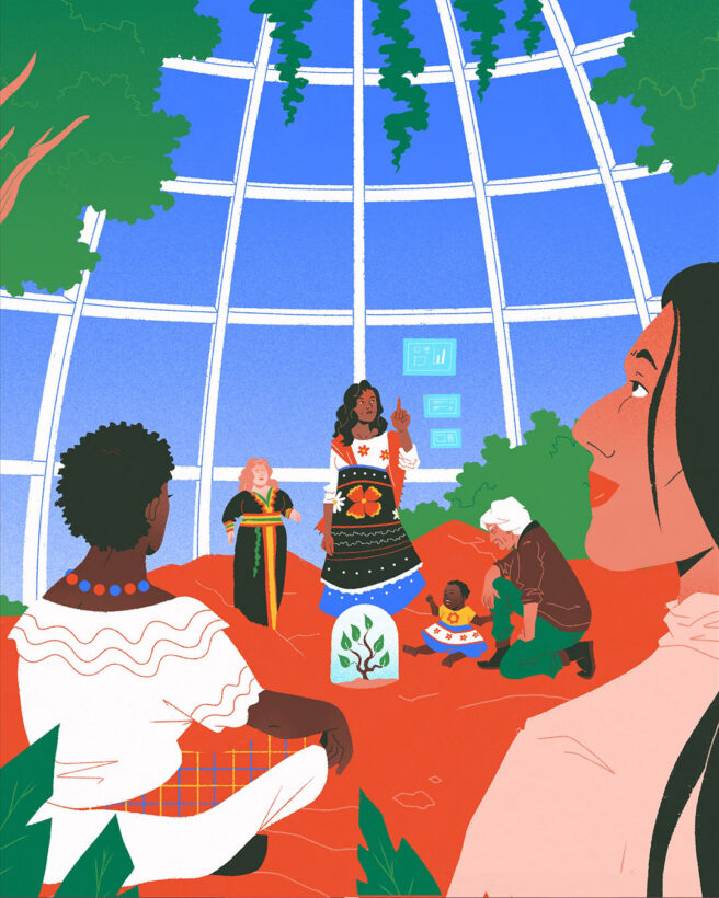 The image shows a group of women sat on a red floor. They are in a blue globe like structure. The women are of all different ages and represent different Indigenous communities. They are taking care of a specific plant, showcasing both their attachment to the land and the sharing of knowledge across generations and groups.
