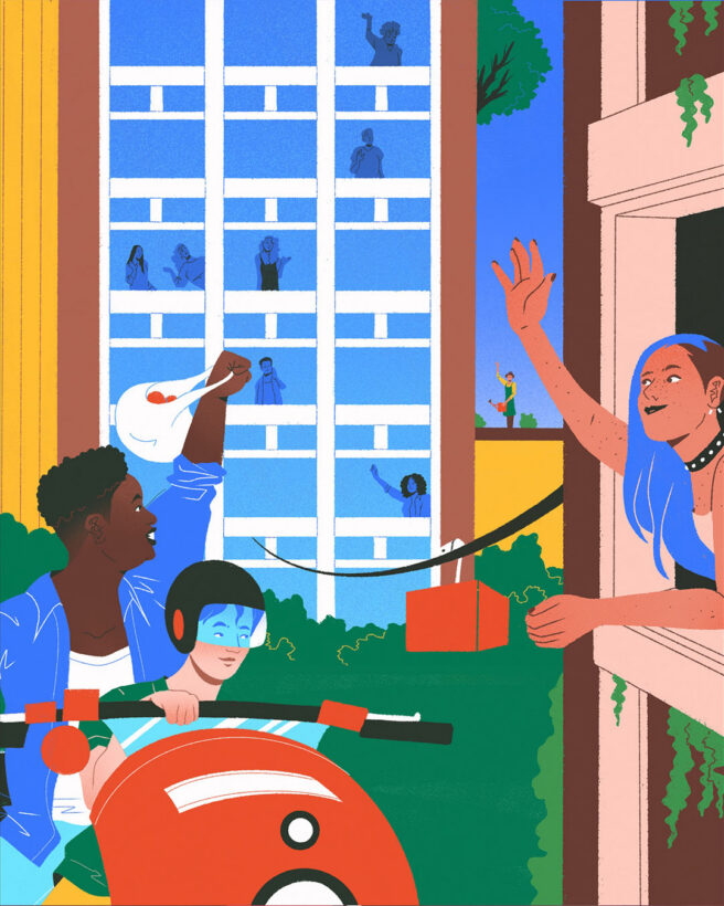 In the image there is a city scene with flats in the background. On the left are two people riding a red motorcycle. The person on the back is carrying groceries and waving to another inhabitant on the right hand side of the image. There are cables going from the buildings to show the nature of shared community.