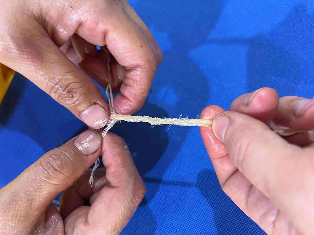 The image is of three hands weaving tendons on a blue textured background