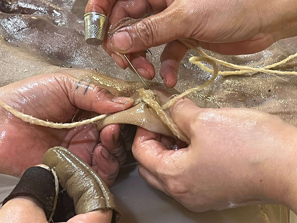 The image shows hands, with one index finger with a thimble, sewing boat skins 