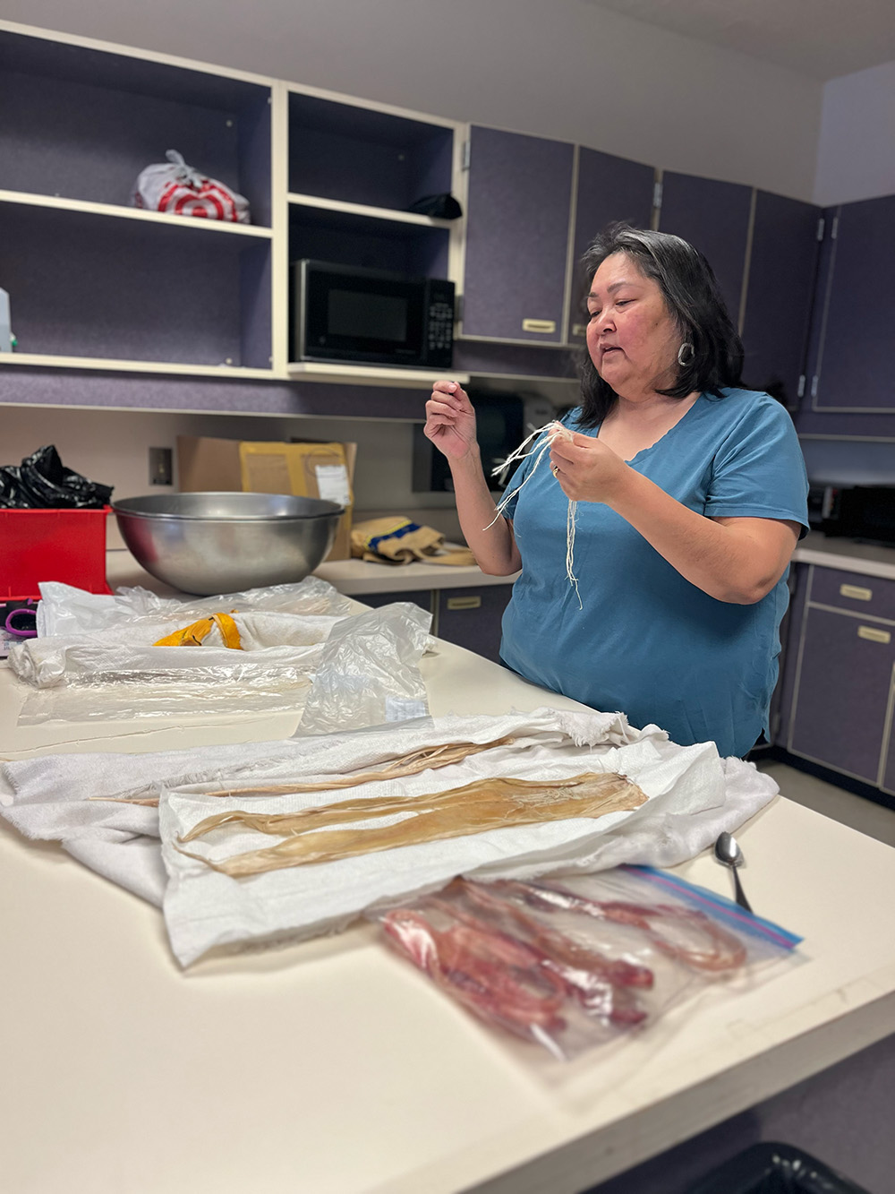 The image is of a woman with dark hair and wearing a blue t-shirt in a room with shelves, cupboards and a tabletop with boat skins. She is holding dried tendons and separating them