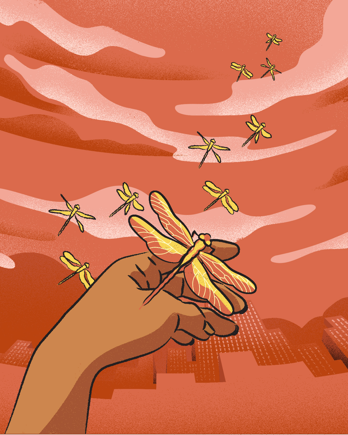 The image shows a hand holding a dragonfly. There is a cityscape behind and other yellow dragonflies flying upwards to the sky