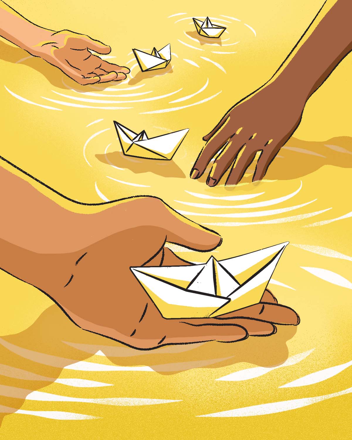 The image shows three hands laying paper boats into a lake with ripples moving outwards from each of them
