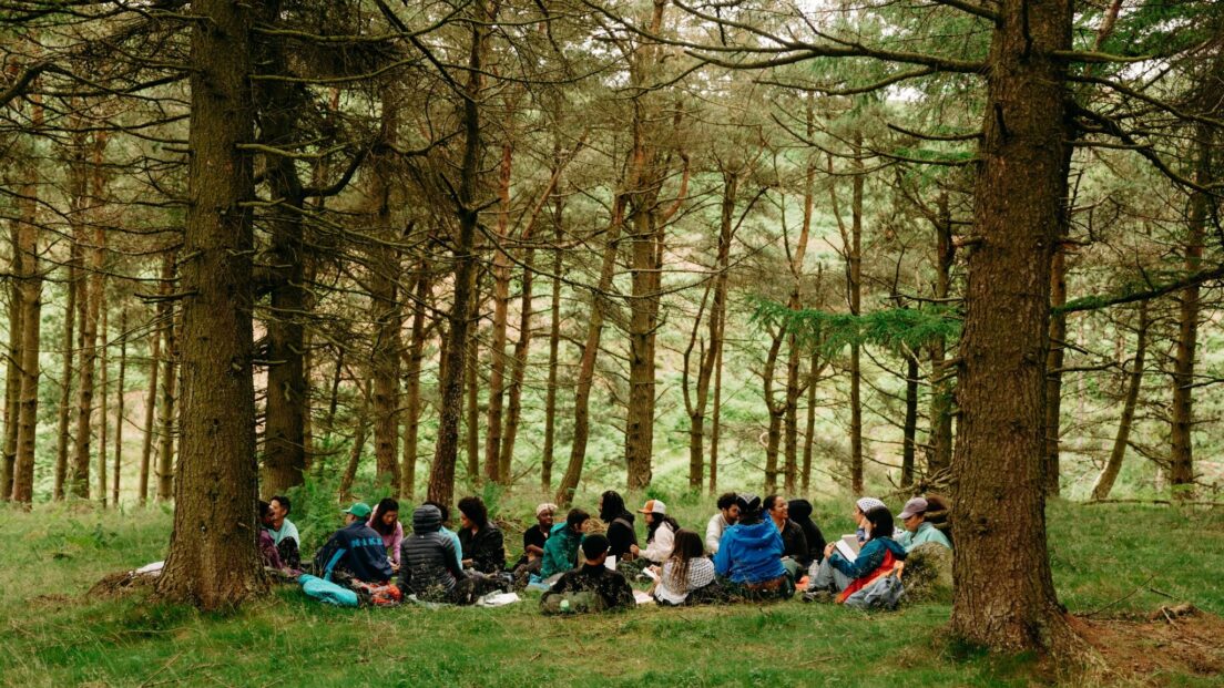the image shows a group of people sat on the forest floor in discussion. There are tall trees surounding them.