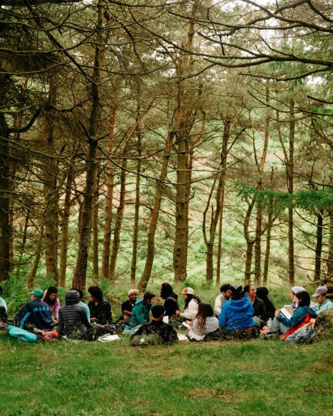 the image shows a group of people sat on the forest floor in discussion. There are tall trees surounding them.