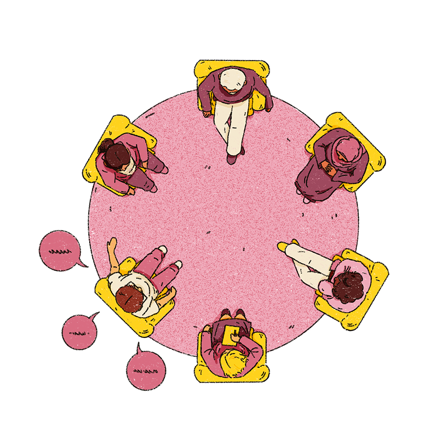The image shows a circle with a group of people sat listening to eachother