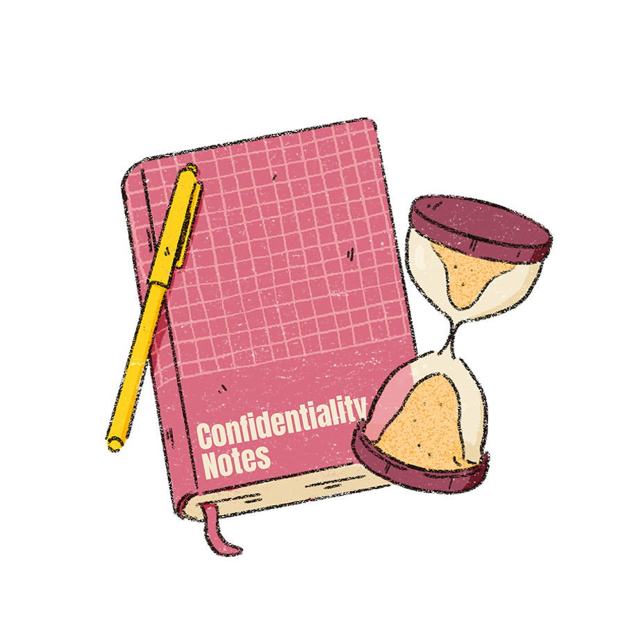 The image shows a pink diary, a yellow pen and a sandtimer