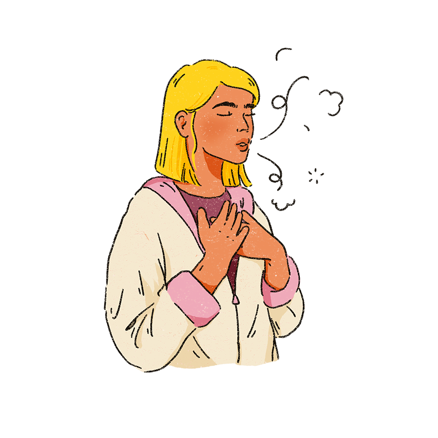the image shows a person taking part in a calming breathing exercise