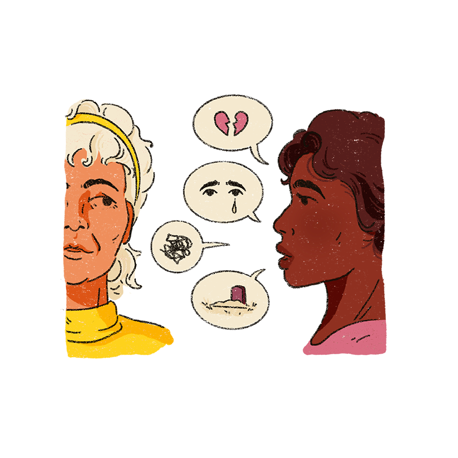 the image shows two people listening to eachother. the image is a close up of their faces