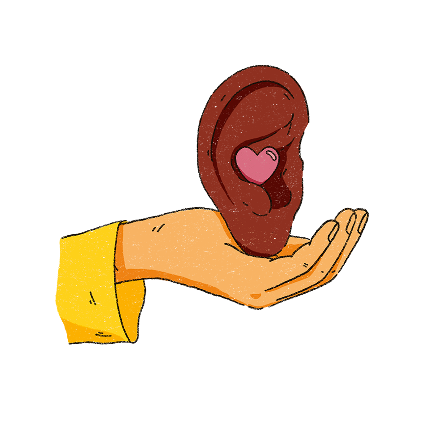 a hand is held open with an ear sat in the palm