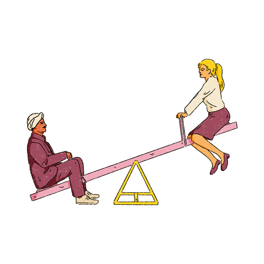 the image shows a seesaw with two people. it is supposed to reflect people taking turns to listen to eachother