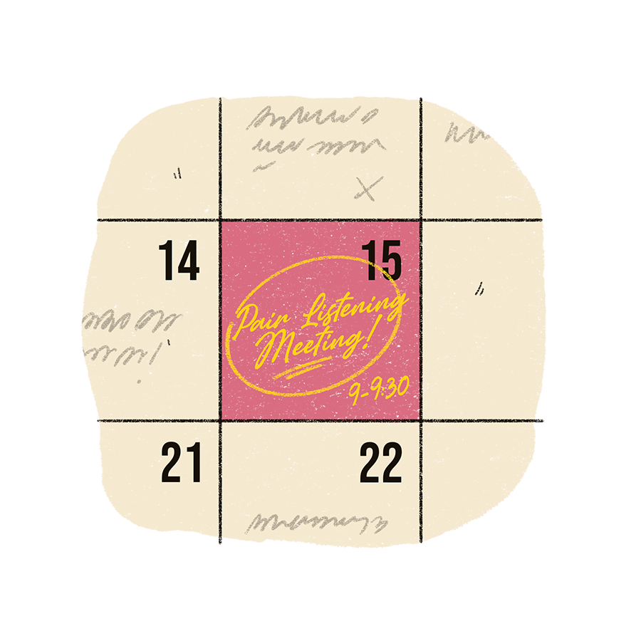 the image shows a calendar with a pink square in the middle where someone has scheduled in pair listening